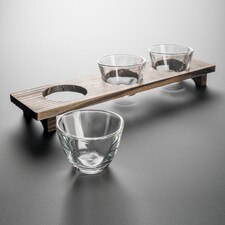 3 Piece Handmade Sake Glass Set with Wooden Base