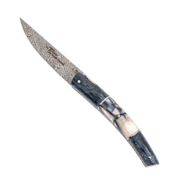Image of Le Thiers Pirou Folding Knife Gray Bone Damascus Rose Blade 1