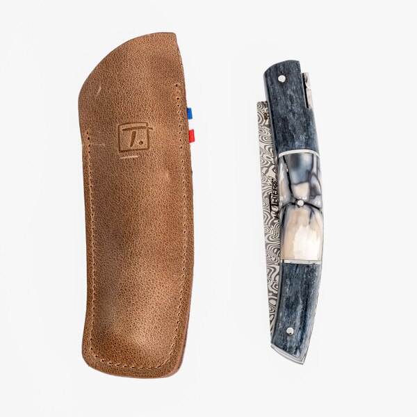 Image of Le Thiers Pirou Folding Knife Gray Bone Damascus Rose Blade 2