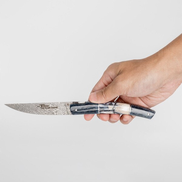 Image of Le Thiers Pirou Folding Knife Gray Bone Damascus Rose Blade 5
