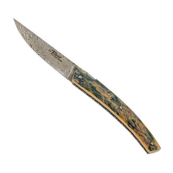 Image of Le Thiers Pirou Blue Mammoth Crust Handle Damascus Blade Folding Knife 8.5" 1