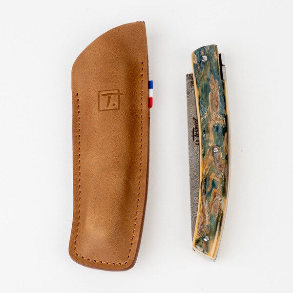 Image of Le Thiers Pirou Blue Mammoth Crust Handle Damascus Blade Folding Knife 8.5" 2