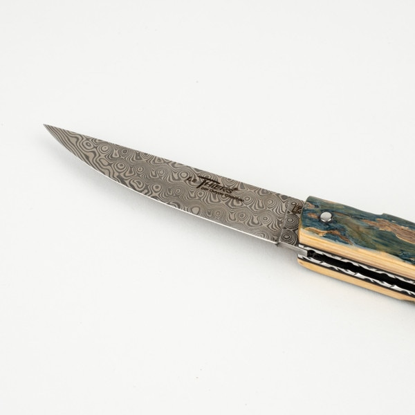 Image of Le Thiers Pirou Blue Mammoth Crust Handle Damascus Blade Folding Knife 8.5" 4