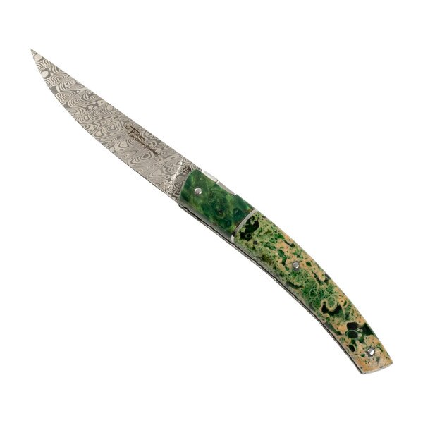 Image of Le Thiers Pirou Poplar Burl and Volcanic Stone Damascus Blade Folding Knife 8.5" 1