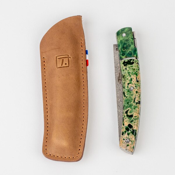 Image of Le Thiers Pirou Poplar Burl and Volcanic Stone Damascus Blade Folding Knife 8.5" 2
