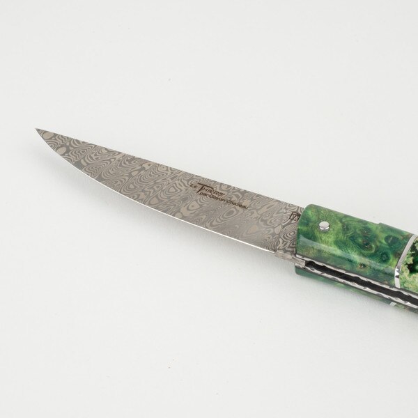 Image of Le Thiers Pirou Poplar Burl and Volcanic Stone Damascus Blade Folding Knife 8.5" 4