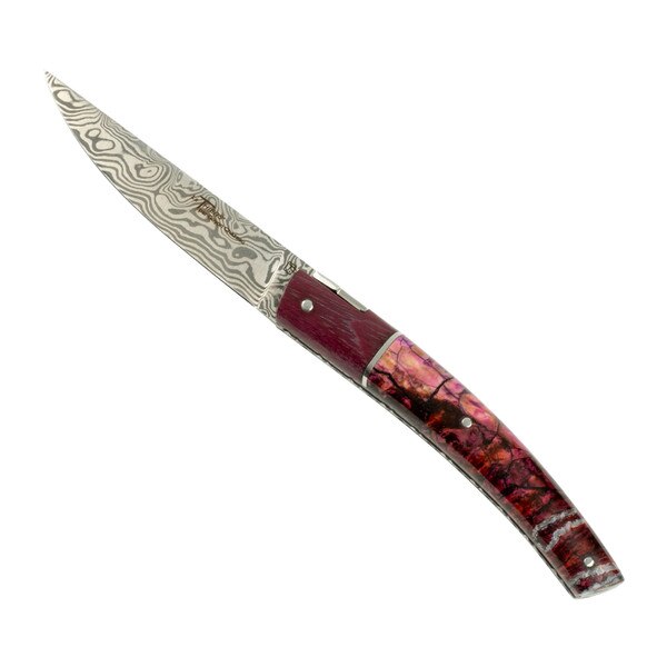 Image of Le Thiers Pirou Amaranth Wood and Violet Mammoth Teeth Damascus Blade Folding Knife 8.5" 1