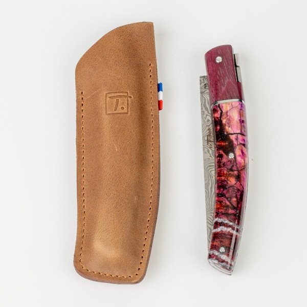 Image of Le Thiers Pirou Amaranth Wood and Violet Mammoth Teeth Damascus Blade Folding Knife 8.5" 2