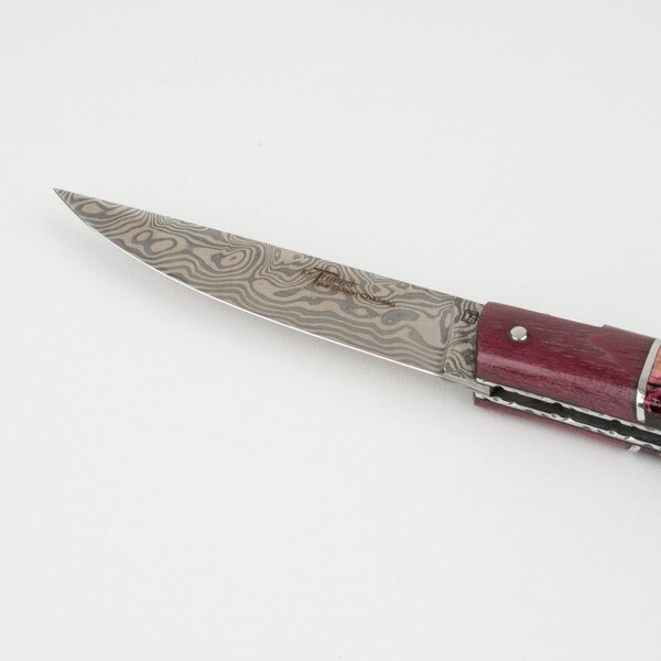 Image of Le Thiers Pirou Amaranth Wood and Violet Mammoth Teeth Damascus Blade Folding Knife 8.5" 4