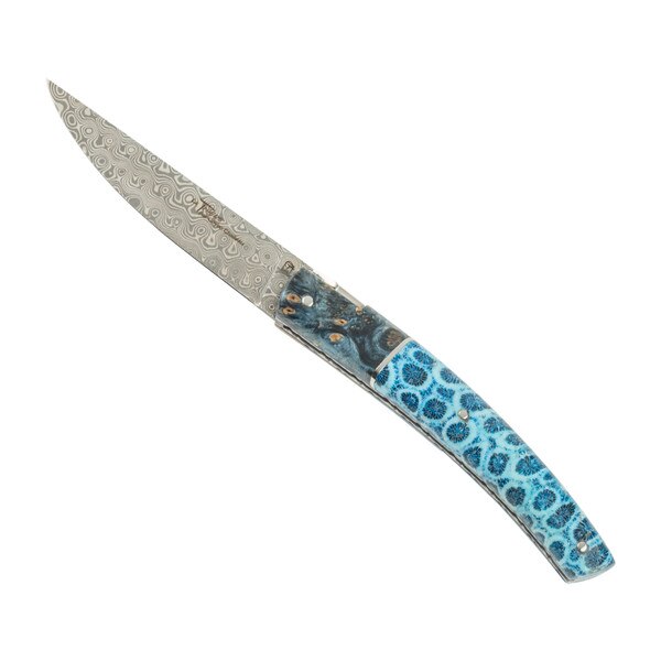 Image of Le Thiers Pirou Poplar Burl and Fossilized Coral Damascus Blade Folding Knife 8.5" 1