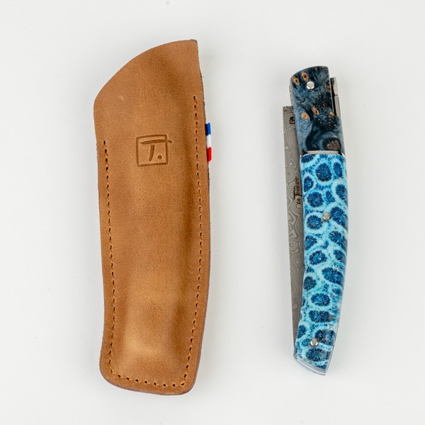 Image of Le Thiers Pirou Poplar Burl and Fossilized Coral Damascus Blade Folding Knife 8.5" 2