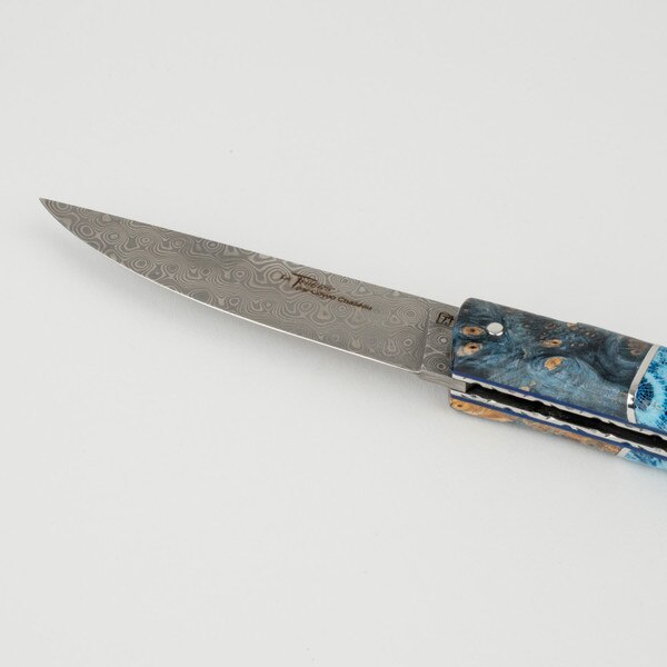 Image of Le Thiers Pirou Poplar Burl and Fossilized Coral Damascus Blade Folding Knife 8.5" 4