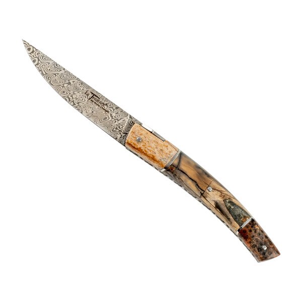 Image of Le Thiers Pirou Mammoth Pulp and Brown Fossilized Coral Damascus Blade Folding Knife 8.5" 1