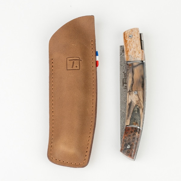 Image of Le Thiers Pirou Mammoth Pulp and Brown Fossilized Coral Damascus Blade Folding Knife 8.5" 2