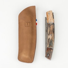 Le Thiers Pirou Mammoth Pulp and Brown Fossilized Coral Damascus Blade Folding Knife 3.75" hover-image