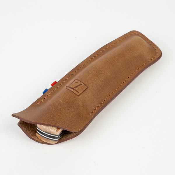 Image of Le Thiers Pirou Mammoth Pulp and Brown Fossilized Coral Damascus Blade Folding Knife 8.5" 5