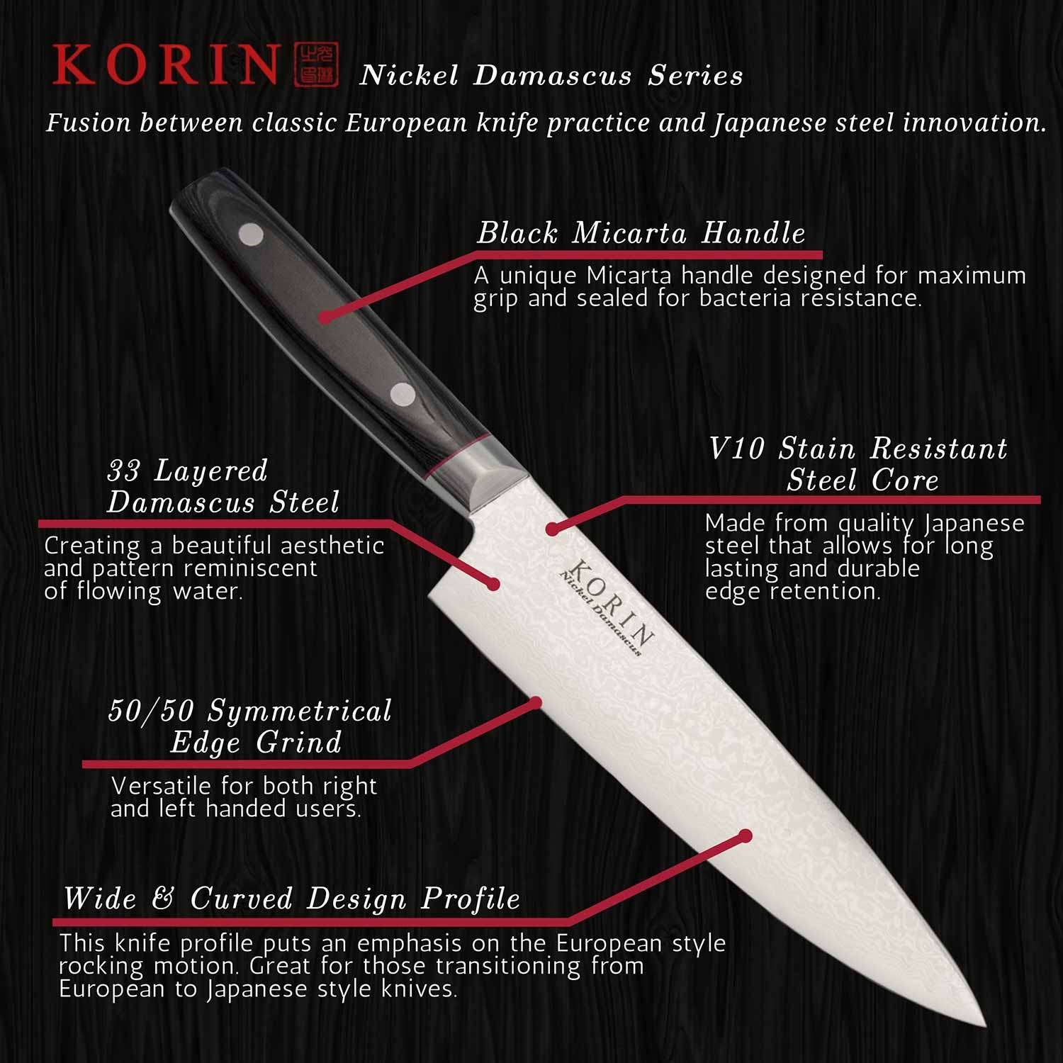 Korin Nickel Damascus Gyuto with Black Micarta Handle 7.9