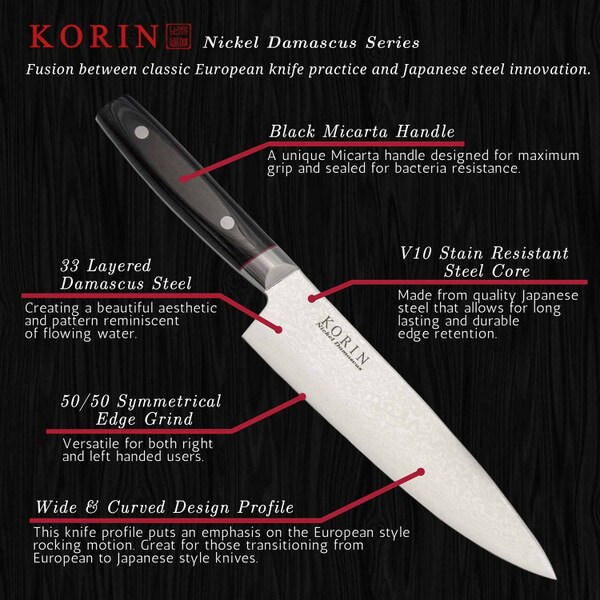 Image of Korin Nickel Damascus Petty with Black Micarta Handle 5.9" 5