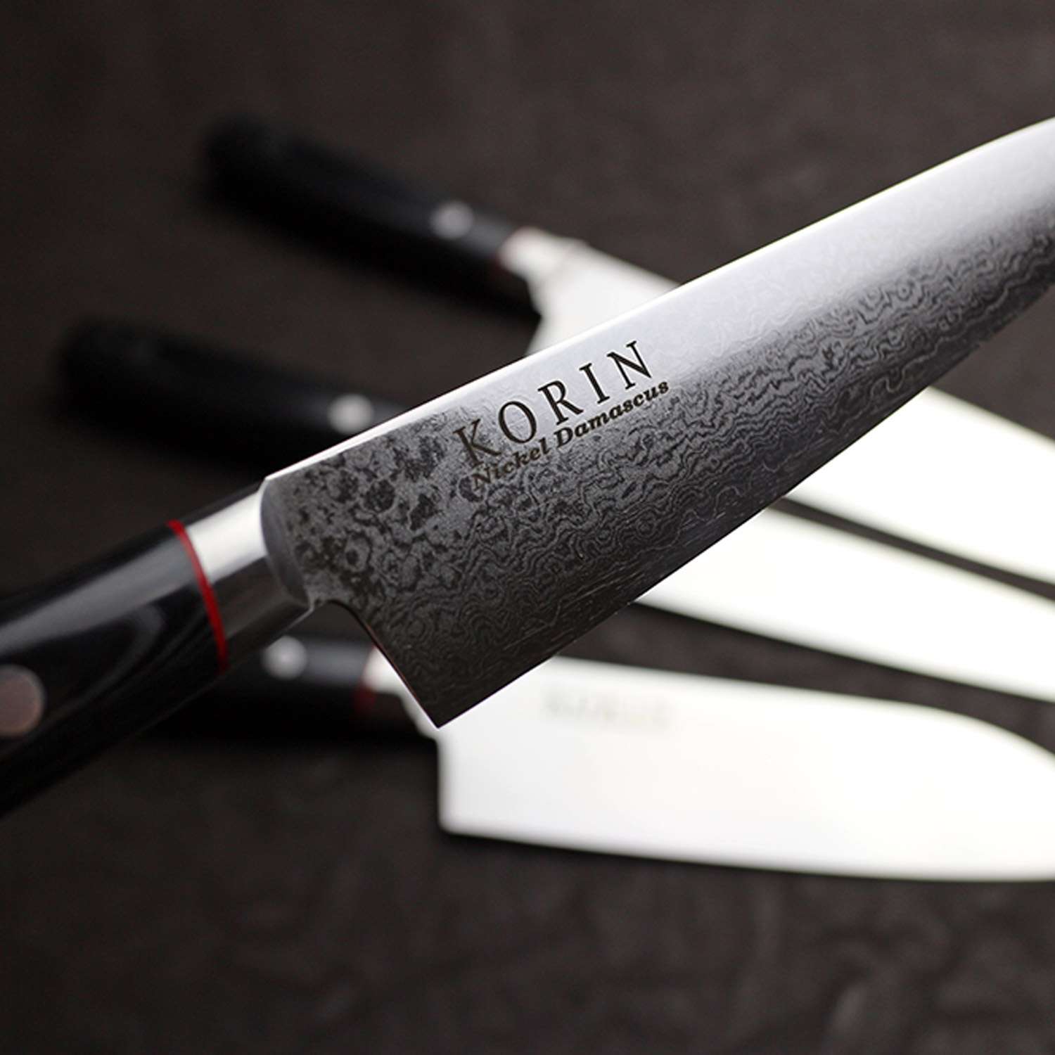 Korin Nickel Damascus Santoku with Black Micarta Handle 6.7