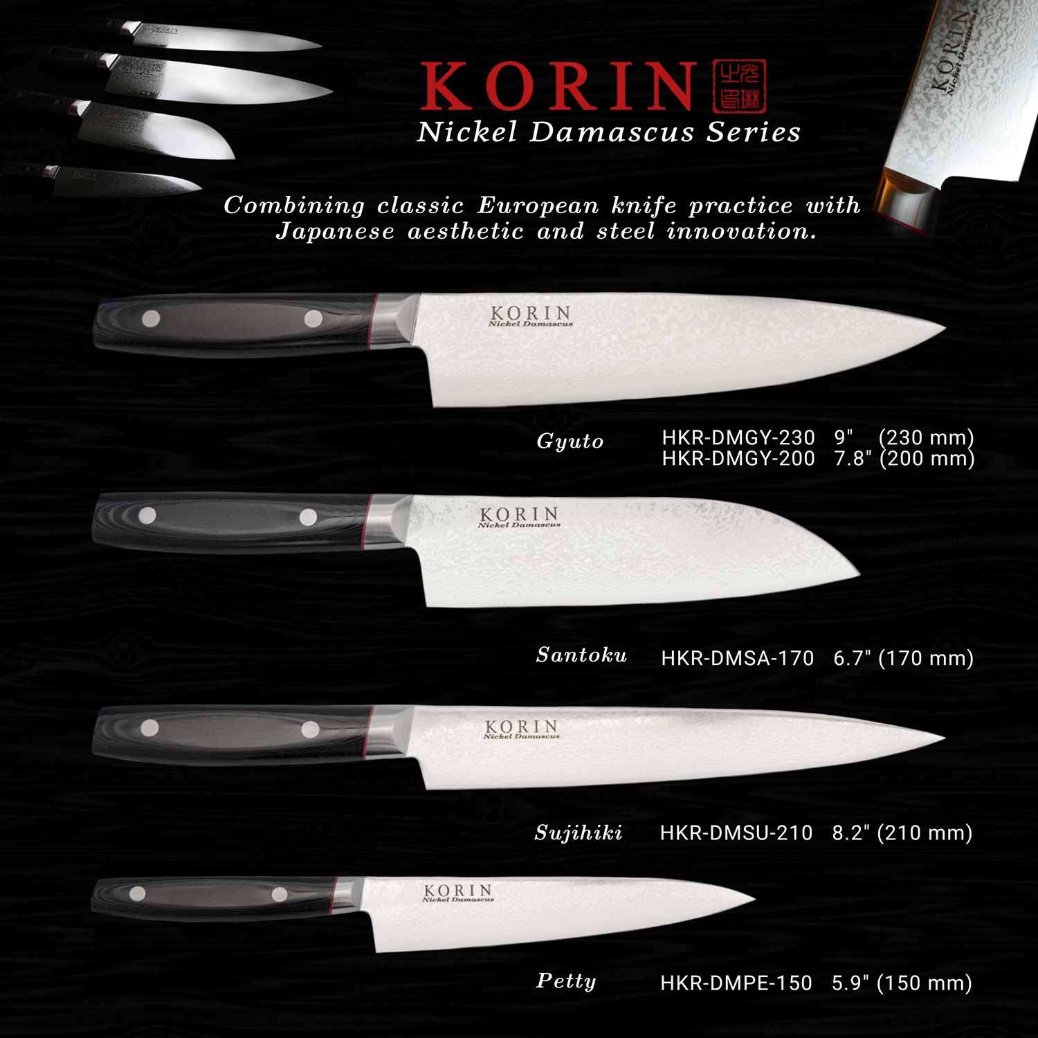 Korin Nickel Damascus Santoku with Black Micarta Handle 6.7