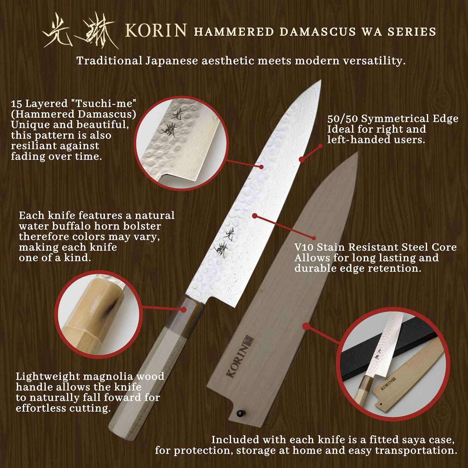 Korin Hammered Damascus Wa-Santoku with Saya 7.0