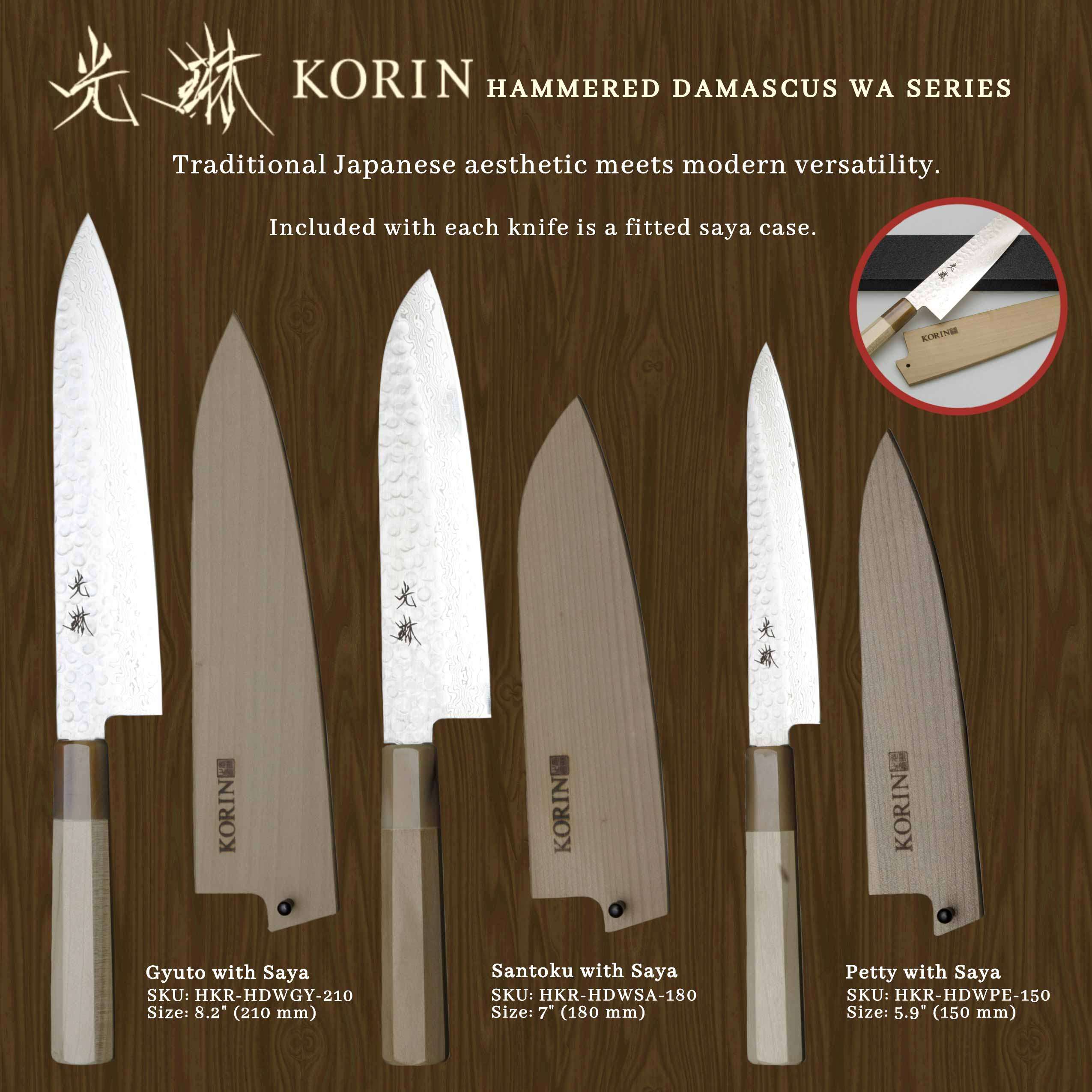 Korin Hammered Damascus Wa-Santoku with Saya 7.0