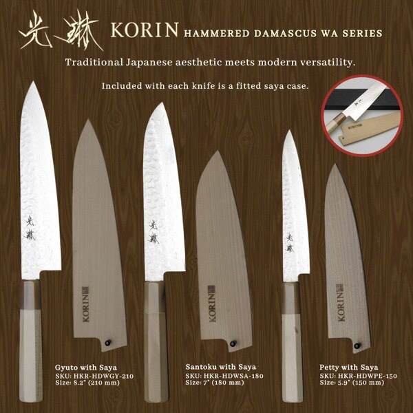 Image of Korin Hammered Damascus Wa-Santoku with Saya 7" 5