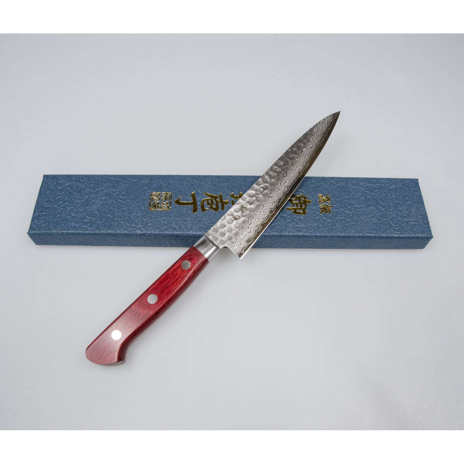 Korin Tsuchime Hammered Damascus Petty with Burgundy Red Handle
