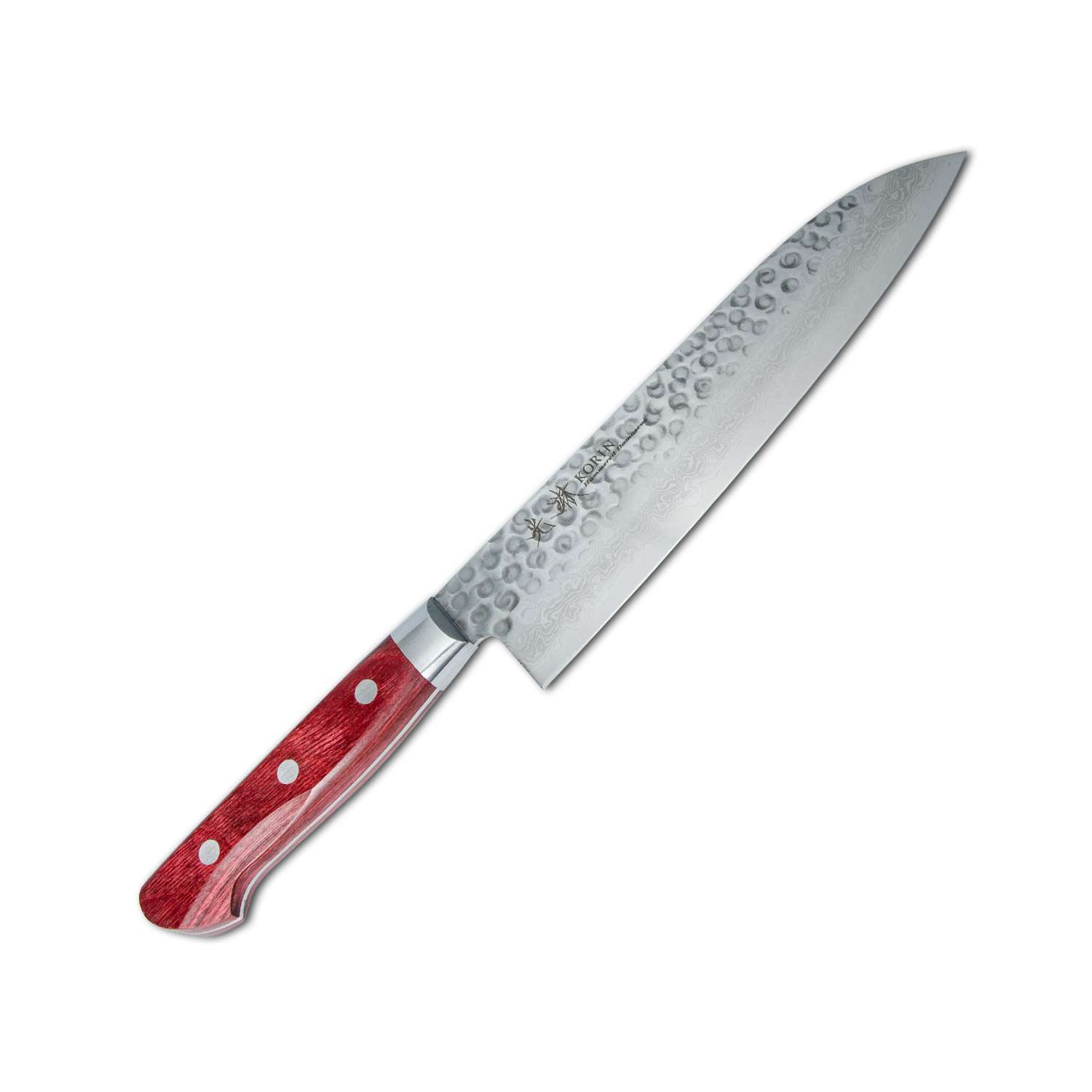 Korin Tsuchime Hammered Damascus Santoku with Burgundy Red Handle