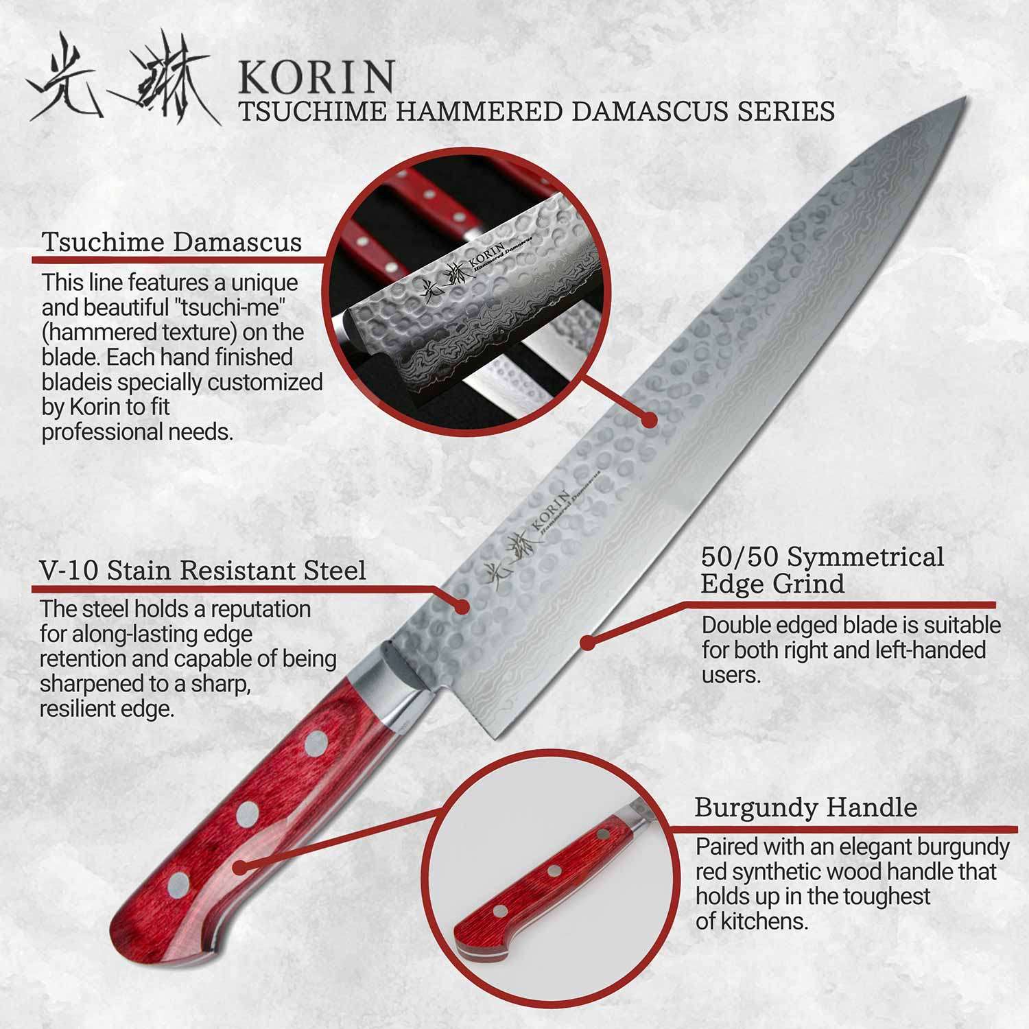 korin Korin Tsuchime Hammered Damascus Santoku with Burgundy Red Handle