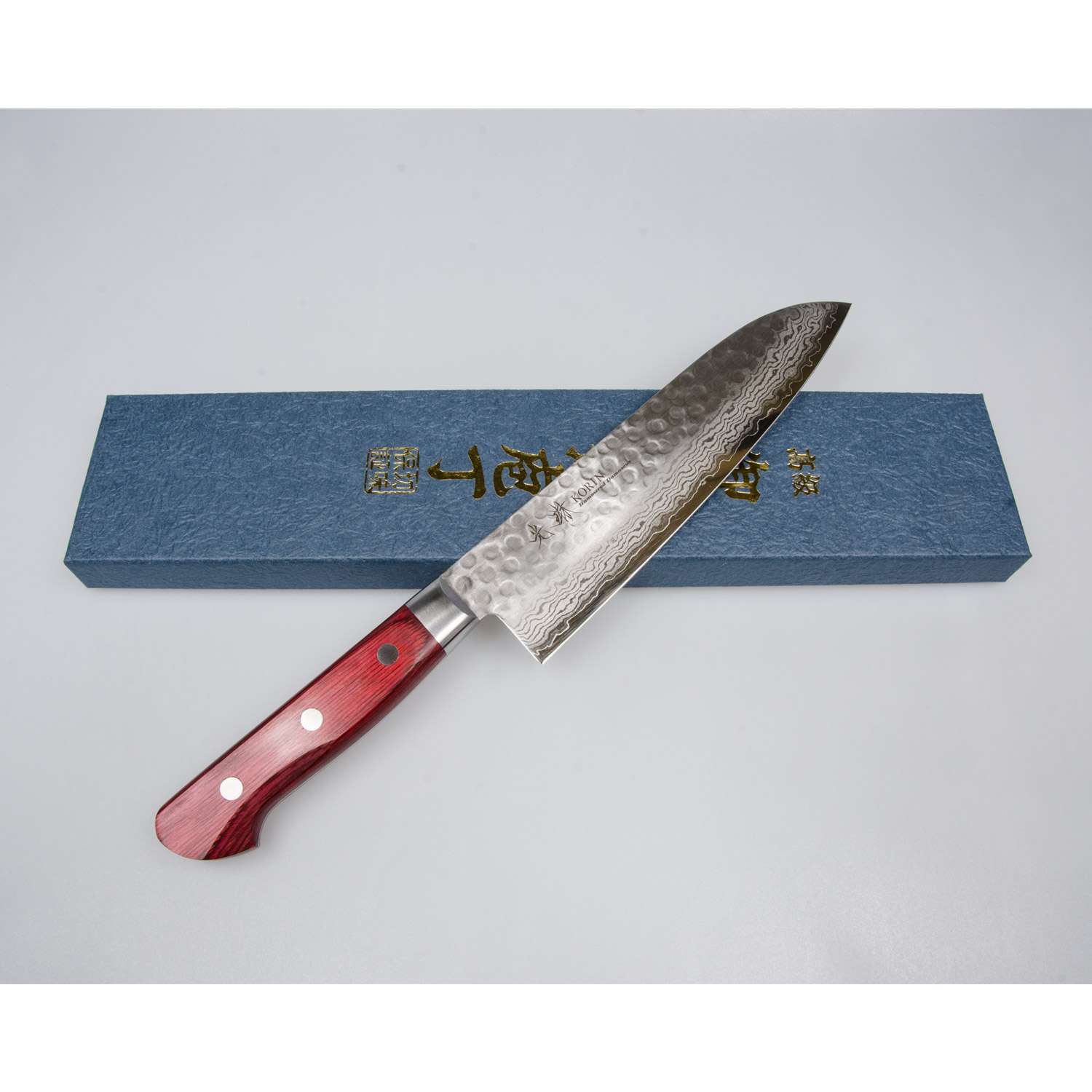 Korin Tsuchime Hammered Damascus Santoku with Burgundy Red Handle