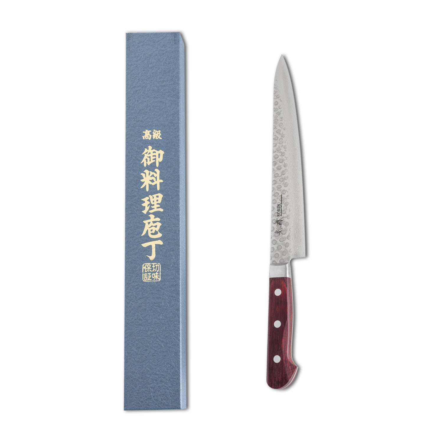 Korin Tsuchime Hammered Damascus Sujihiki with Burgundy Red Handle
