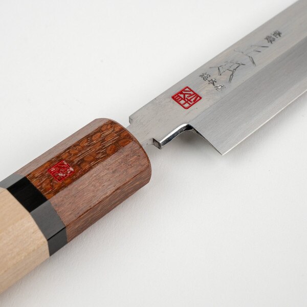 Image of Masamoto Sohonten Korin White #1 Hongasumi Mirror Finish Sakimaru Takobiki w/ Kizuna Logo 13" 5