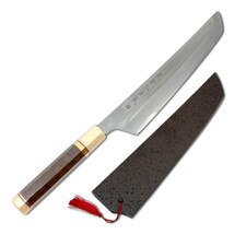 Suisin Hayate Sakimaru Gyuto 255mm w/Lacquered Saya by Mr. Doi, Brown Handle & Gold Ring