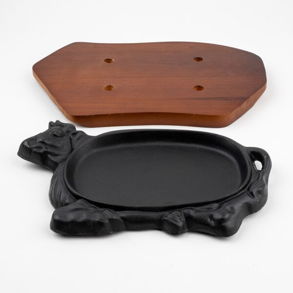 Image of Ox Steak Pan w/ Dark Brown Wooden Base 13" 5