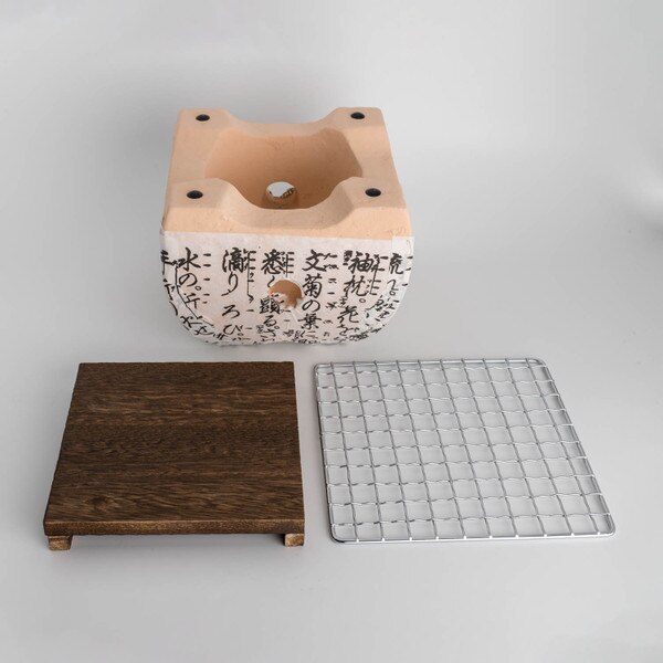 Image of White Hida Konro Grill with Wooden Base Net Screen 5.5" 4