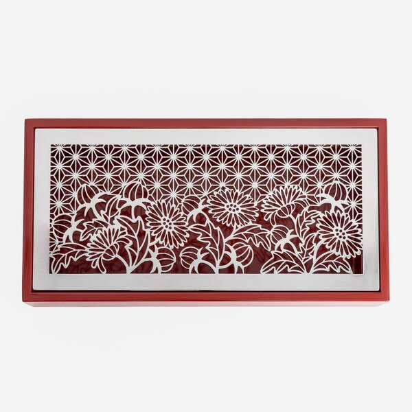 Image of Maki Stainless Tray w/ Red Wooden Stand 10.25" 3