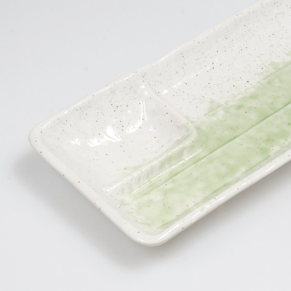 Image of Speckled Beigh Green Oblong Plate with Sauce Well 13.2" 3