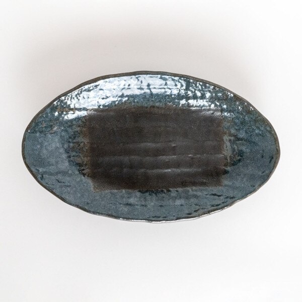 Image of Speckled Footed Dark Blue Oval Plate 9" 3