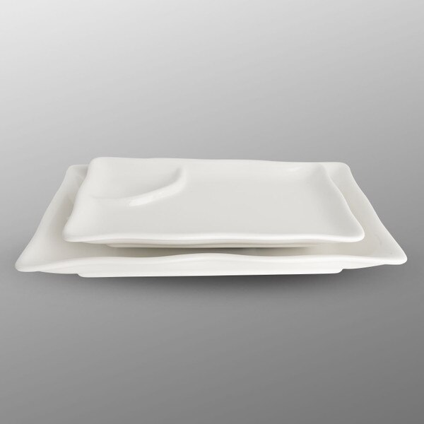 Image of Korin Durable White Rectangular Plate w/ Sauce Well 8" 4